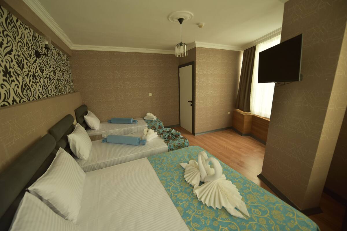 A hotel room with two beds, a television, and a patterned wall.