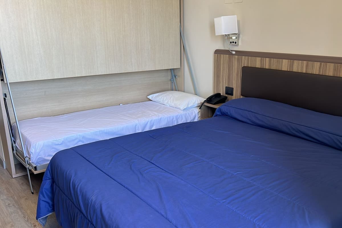 A hotel room with two beds, one larger and one smaller, a bedside table with a phone, and a wall-mounted lamp.