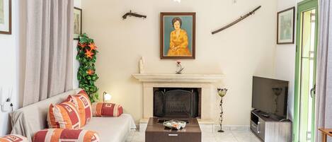 Una sala de estar con un sofá, una chimenea, un televisor y una planta.