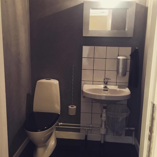 A small, dark bathroom with a toilet, a sink, and a mirror. - STF Hostel Grannen (Lärbro)