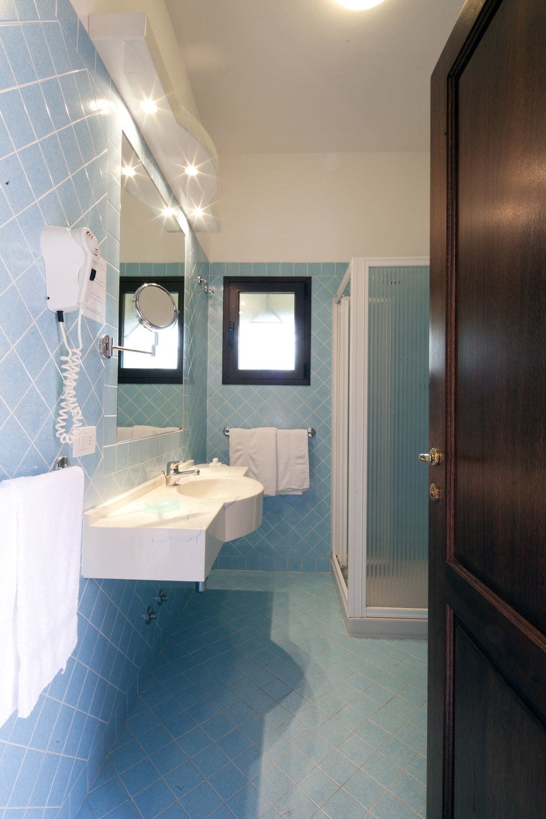A bathroom with two sinks, a mirror, a hairdryer, and a shower area.
