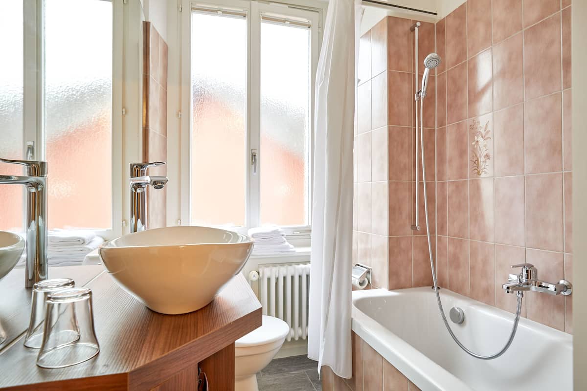 family apartment, lake view | bathroom | hair dryer, heated floors, towels, soap