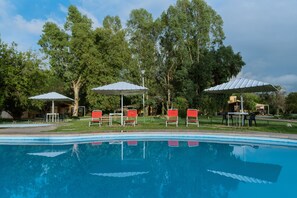 Una piscina con sillas y sombrillas rojas, rodeada de árboles y un área verde.