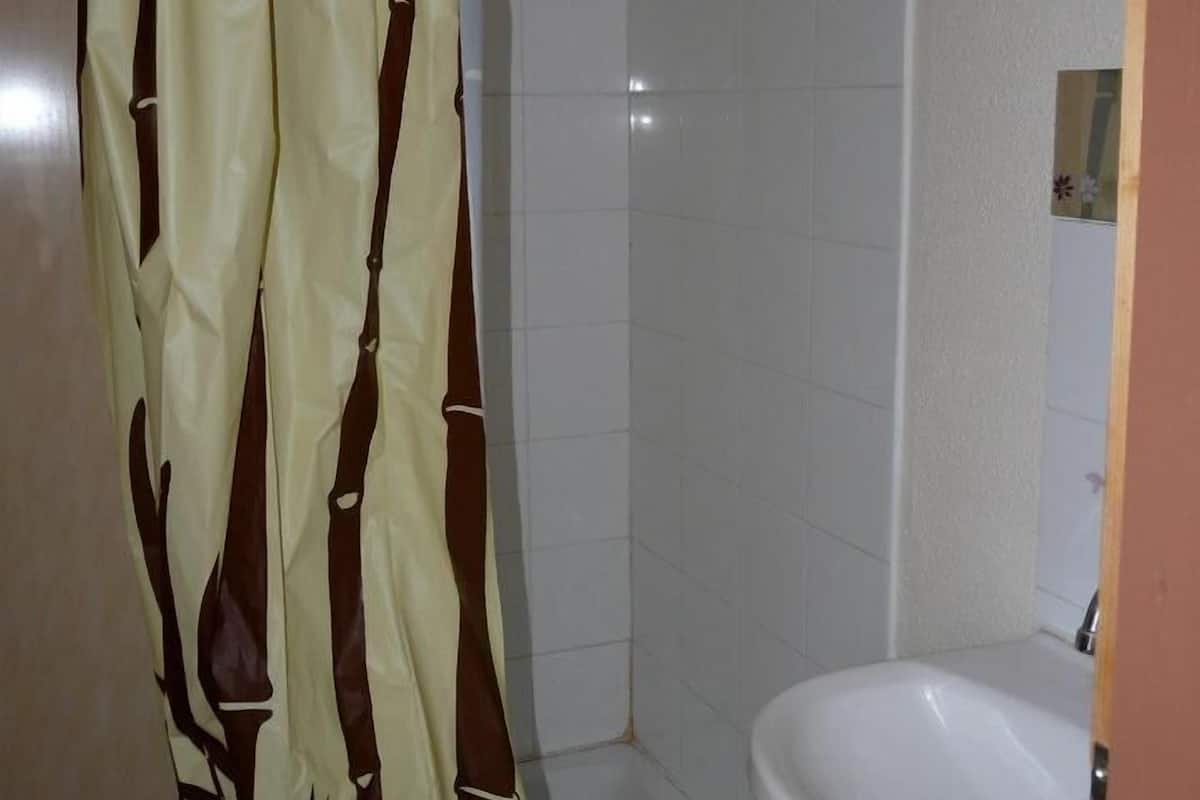 Shower, rainfall showerhead, towels, toilet paper