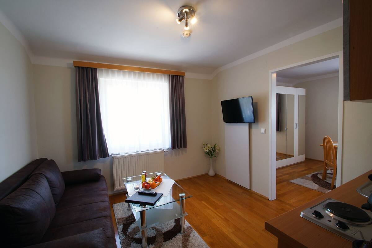 panoramic apartment, 1 bedroom, kitchenette, city view | living area | 32-inch tv with satellite channels