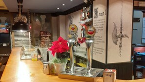 A bar area with a wooden counter, two beer taps, a potted plant, and a decorative wall with a sword illustration. - Hostal Jaime I (Huesca)
