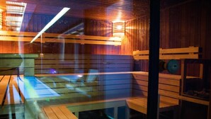 A sauna with wooden benches and a glass partition. - City Gardens Apartments (Budapest)