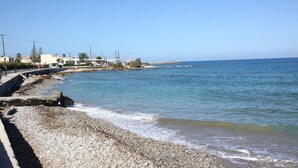 Una zona costera con una playa de guijarros, un paseo marítimo de hormigón y edificios al fondo.