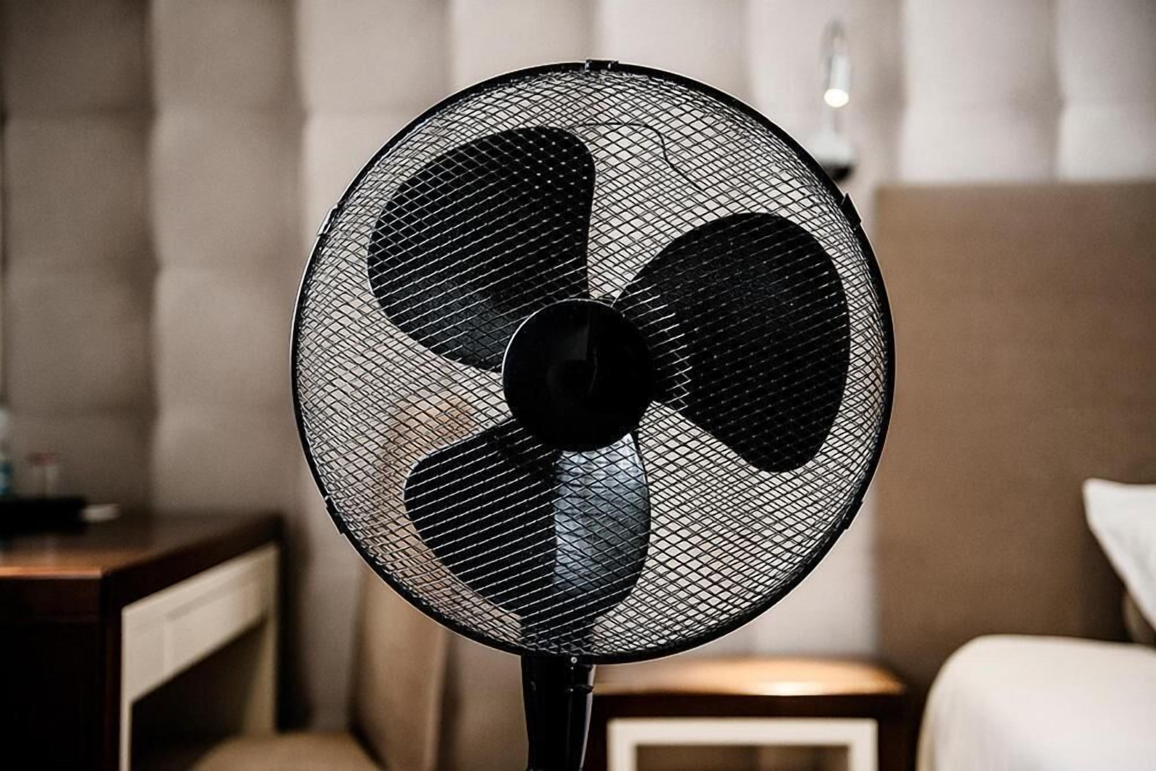 Ein Standventilator mit Schutzgitter und drei Flügeln, platziert in einem Zimmer mit Bett und Nachttisch.