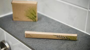 Two boxes on a grey countertop.