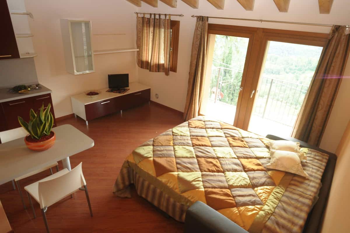 Une chambre à coucher comprenant un lit, un bureau, une chaise, un téléviseur et une plante en pot.