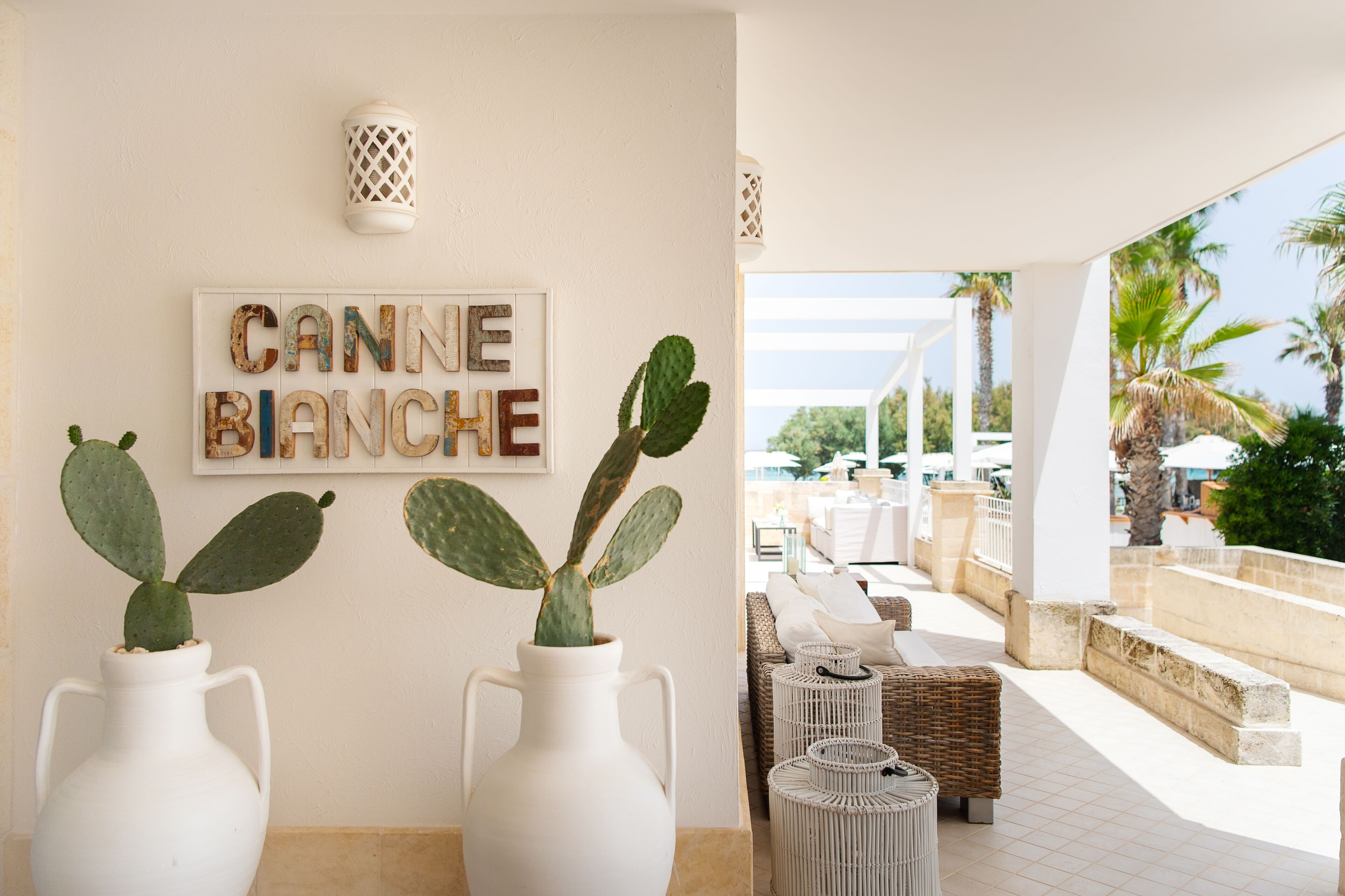 A room with two white vases with cacti, a sign with 'CANNE BIANCHE', and a view of an outdoor seating area with palm trees.