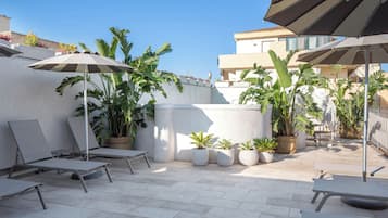 Alberca al aire libre por temporada y sombrillas en la alberca