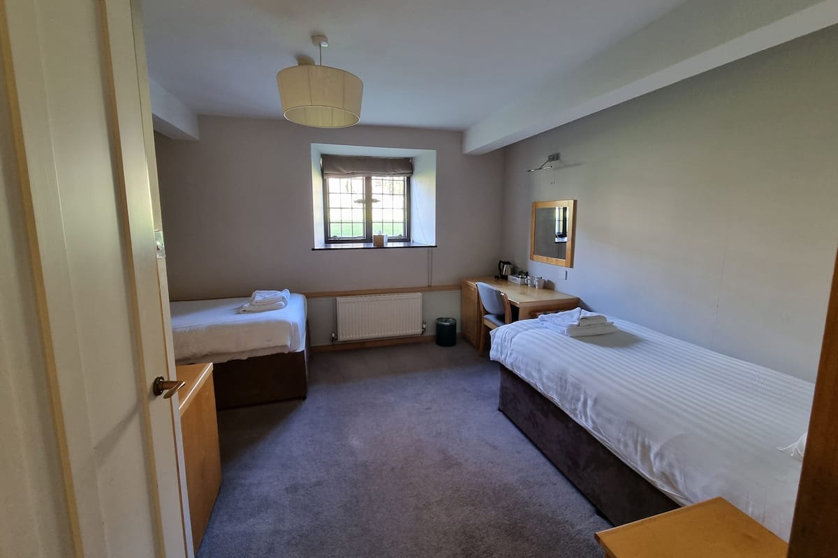 A bedroom with two single beds, a desk, a chair, a radiator, a window, and a hanging light fixture.