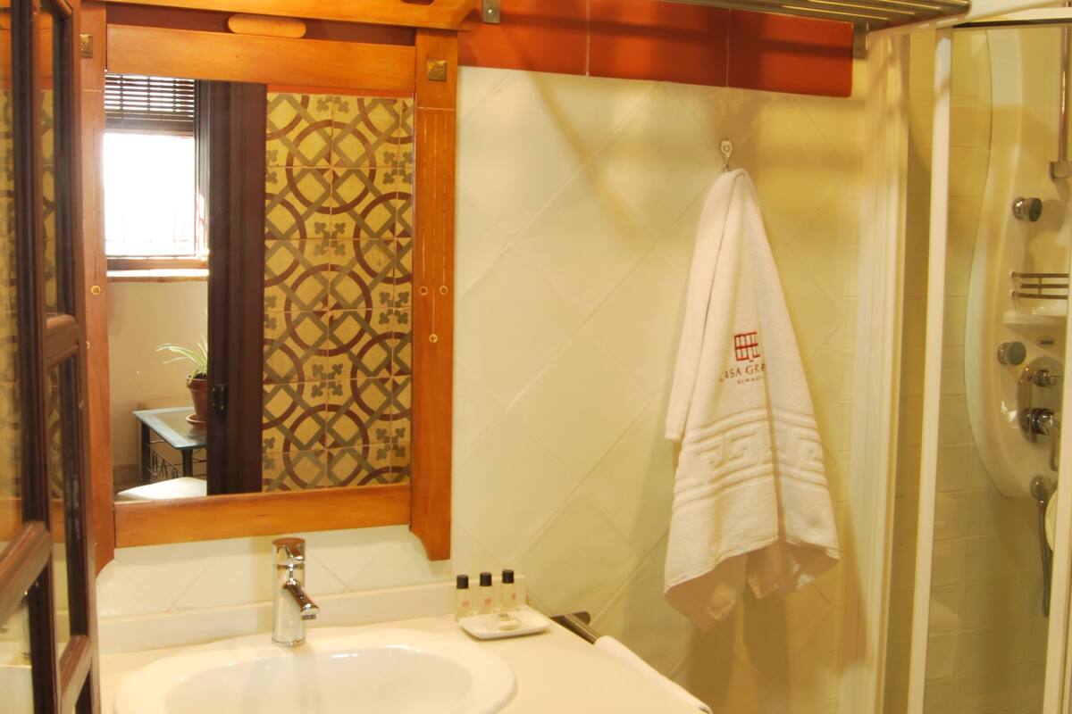 suite | bathroom | shower, hydromassage showerhead, hair dryer, towels