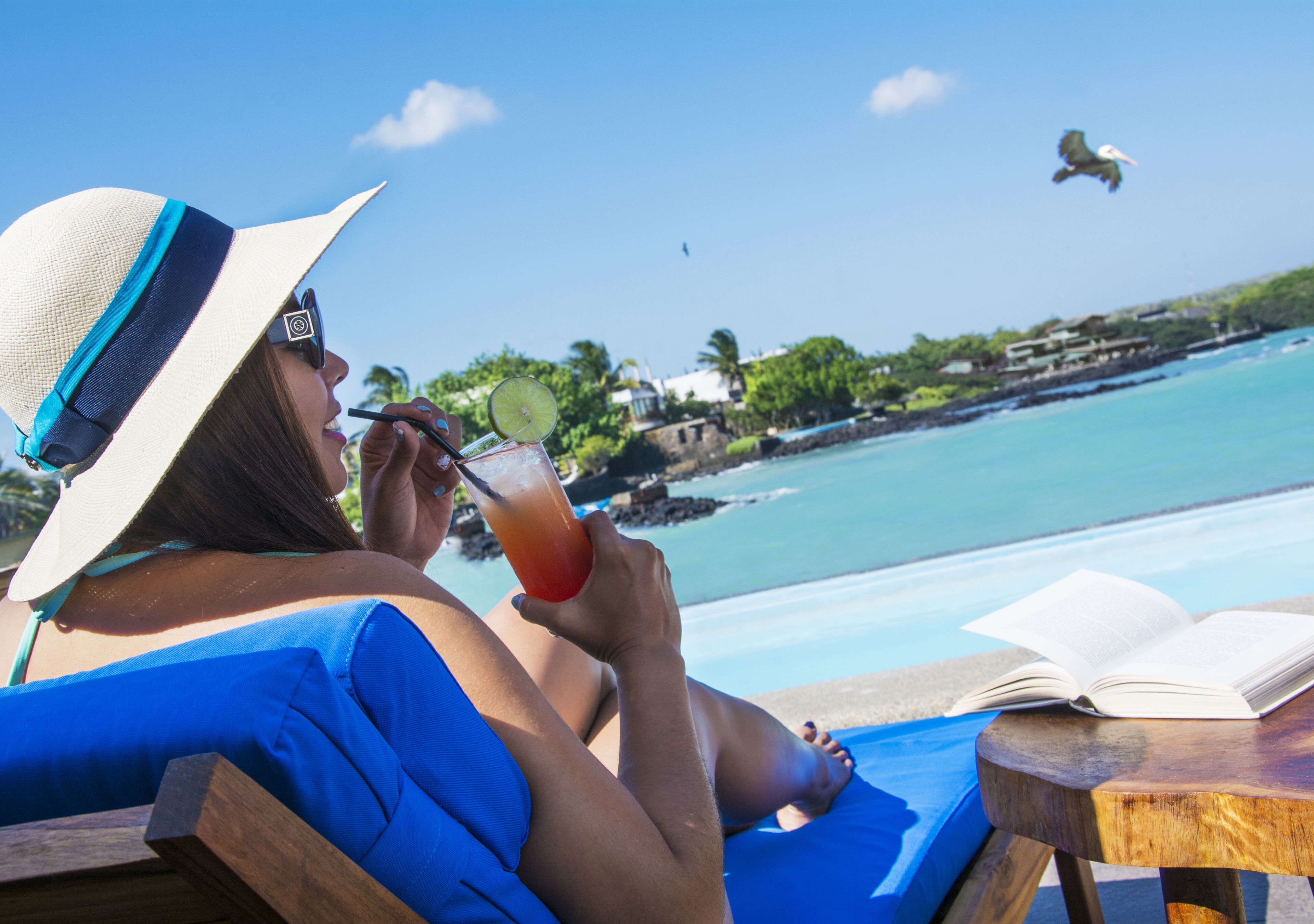 A person relaxing by a pool with a drink, a book, and a view of the ocean and a bird flying.
