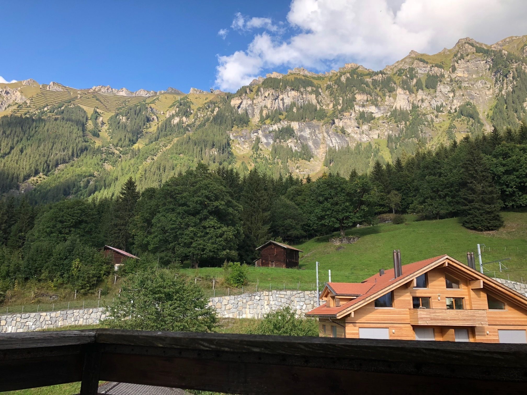 A wooden cabin with a stone wall in front, set against a backdrop of a mountainous landscape with dense forests and a clear sky.