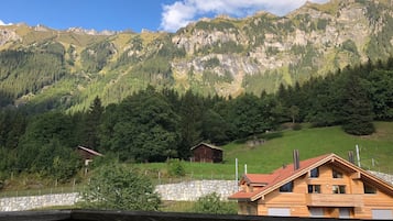 A wooden cabin with a stone wall in front, set against a backdrop of a mountainous landscape with dense forests and a clear sky.