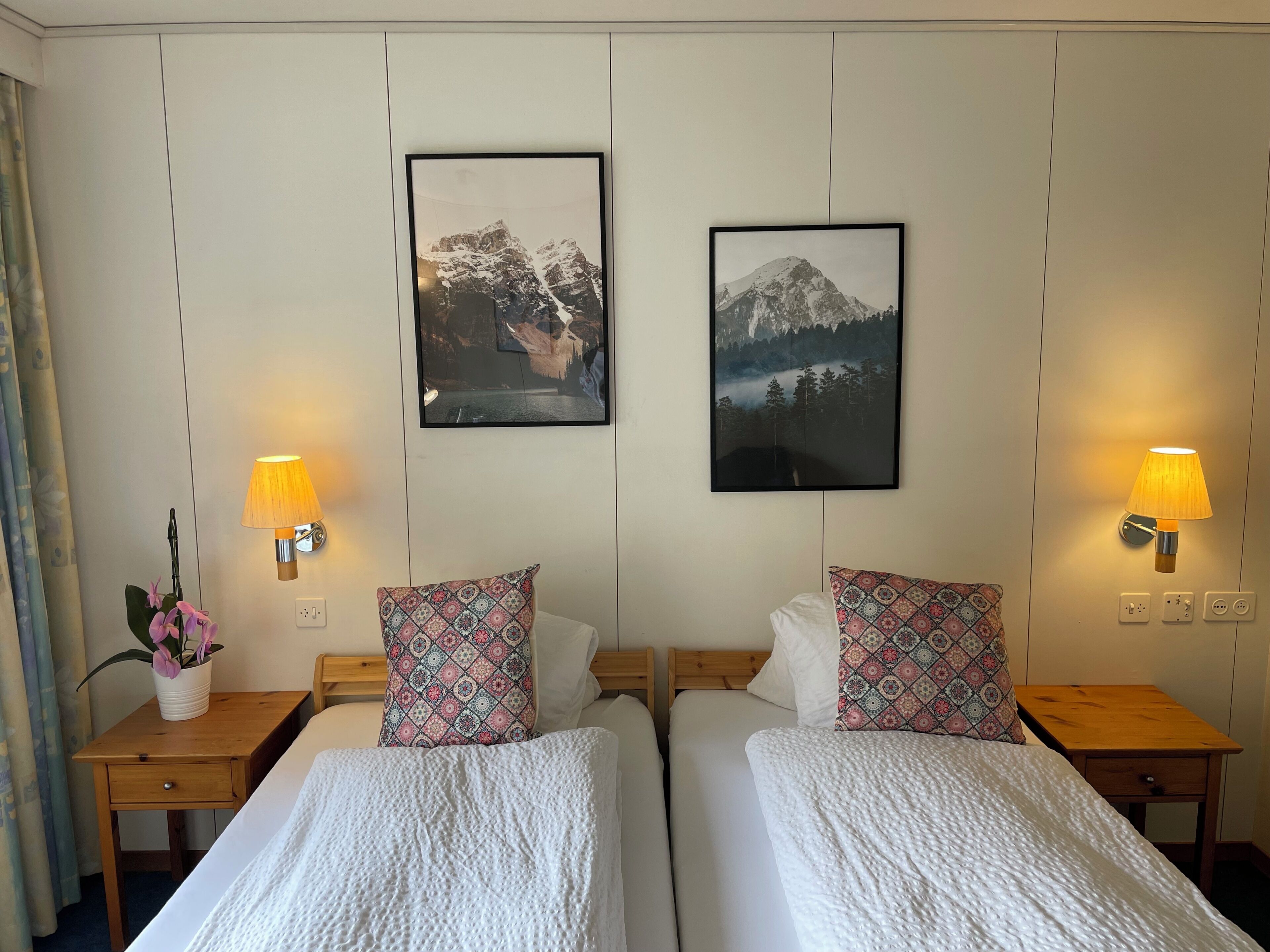 A hotel room with two beds, a nightstand with a lamp, a wall-mounted picture, and a power outlet.