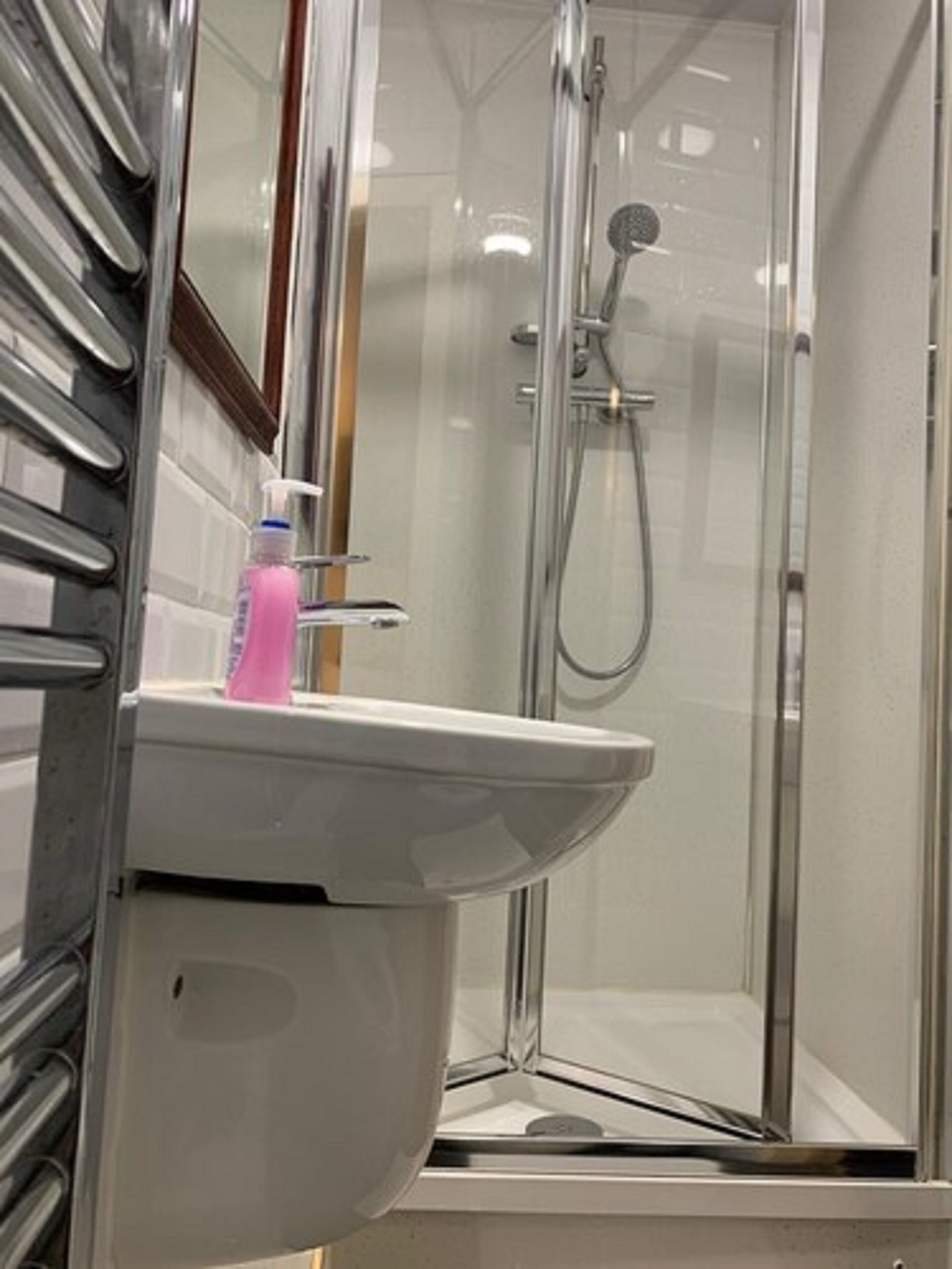 A modern bathroom with a glass-enclosed shower, a white sink, and a bottle of soap.
