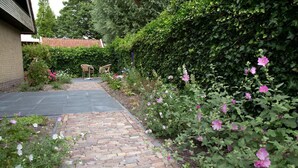 A brick pathway leading to a seating area with a chair and table, surrounded by lush greenery and flowering plants. - De Mariahoeve (Terherne)