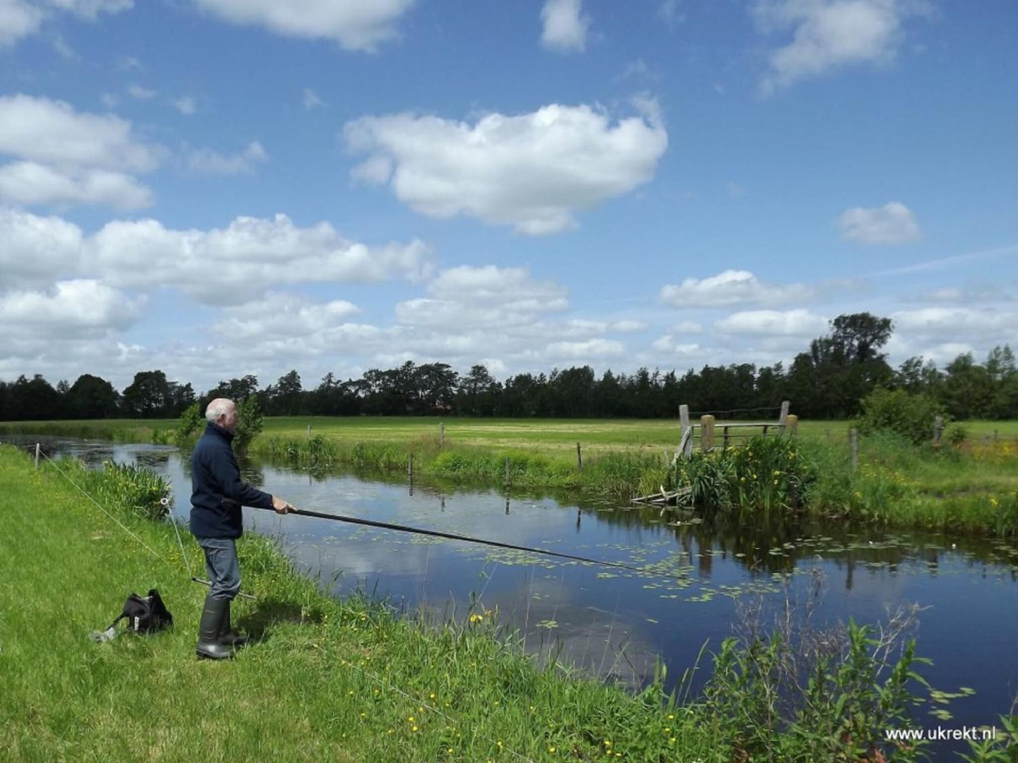 A person fishing by a calm water body with a grassy bank, trees, and a cloudy sky in the background.