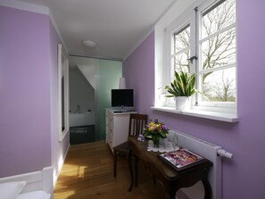 Een kleine kamer met een houten eettafel, een televisie op een kast, een raam met een plant en een radiator.