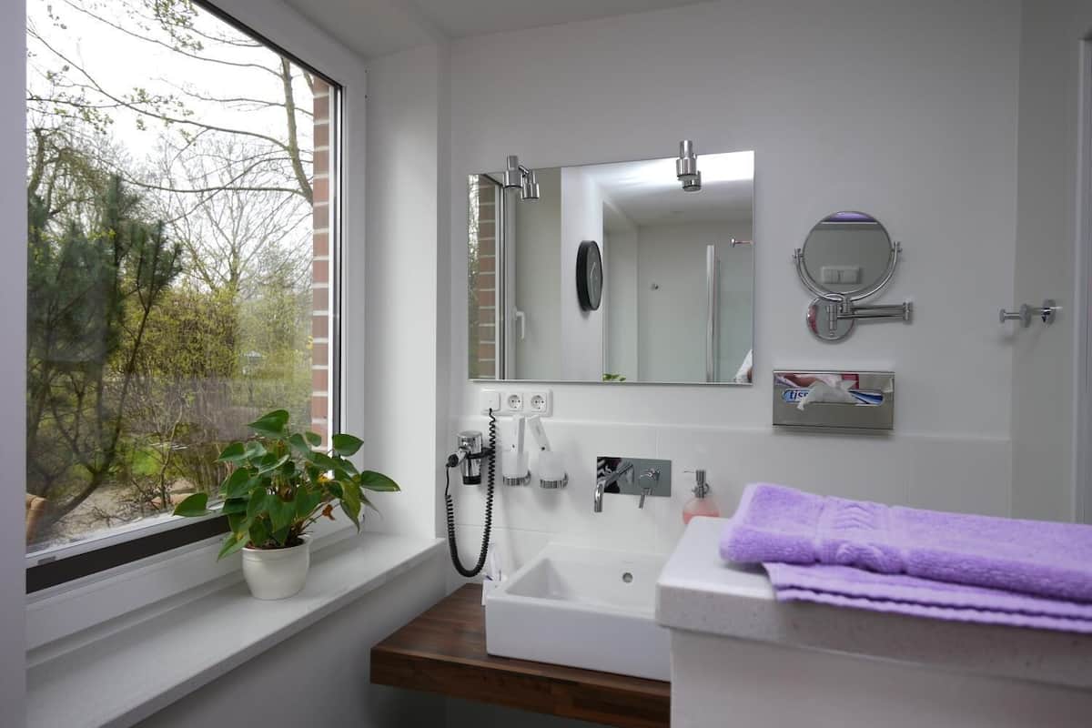 shower, free toiletries, hair dryer, towels