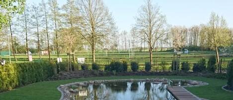 A rectangular swimming pool with a wooden deck in the foreground and a grassy area with trees in the background.