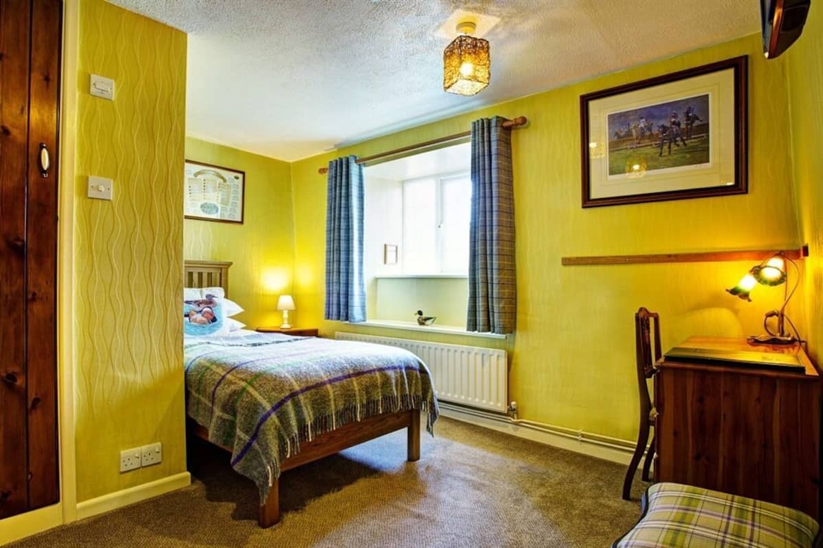 Una habitación con una cama, una silla de madera, un escritorio con una lámpara, una ventana con cortinas y un cuadro en la pared.
