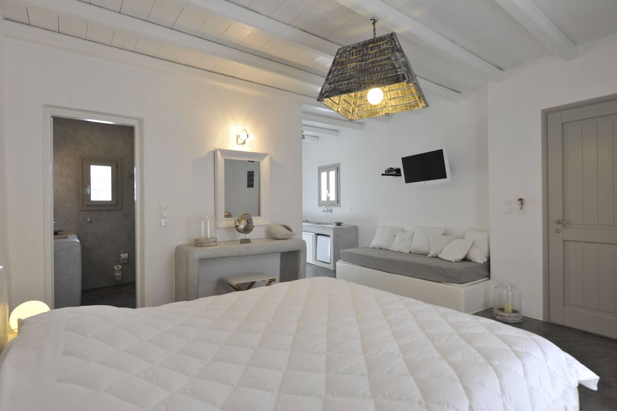 Un dormitorio con una cama grande, un escritorio, una silla, un televisor y un armario.