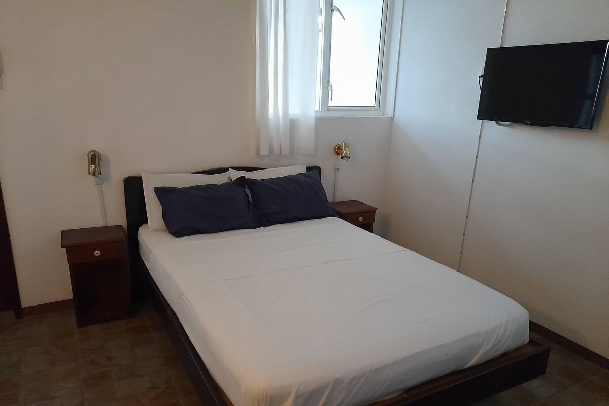 A bedroom with a bed, nightstands, a TV, and a window.