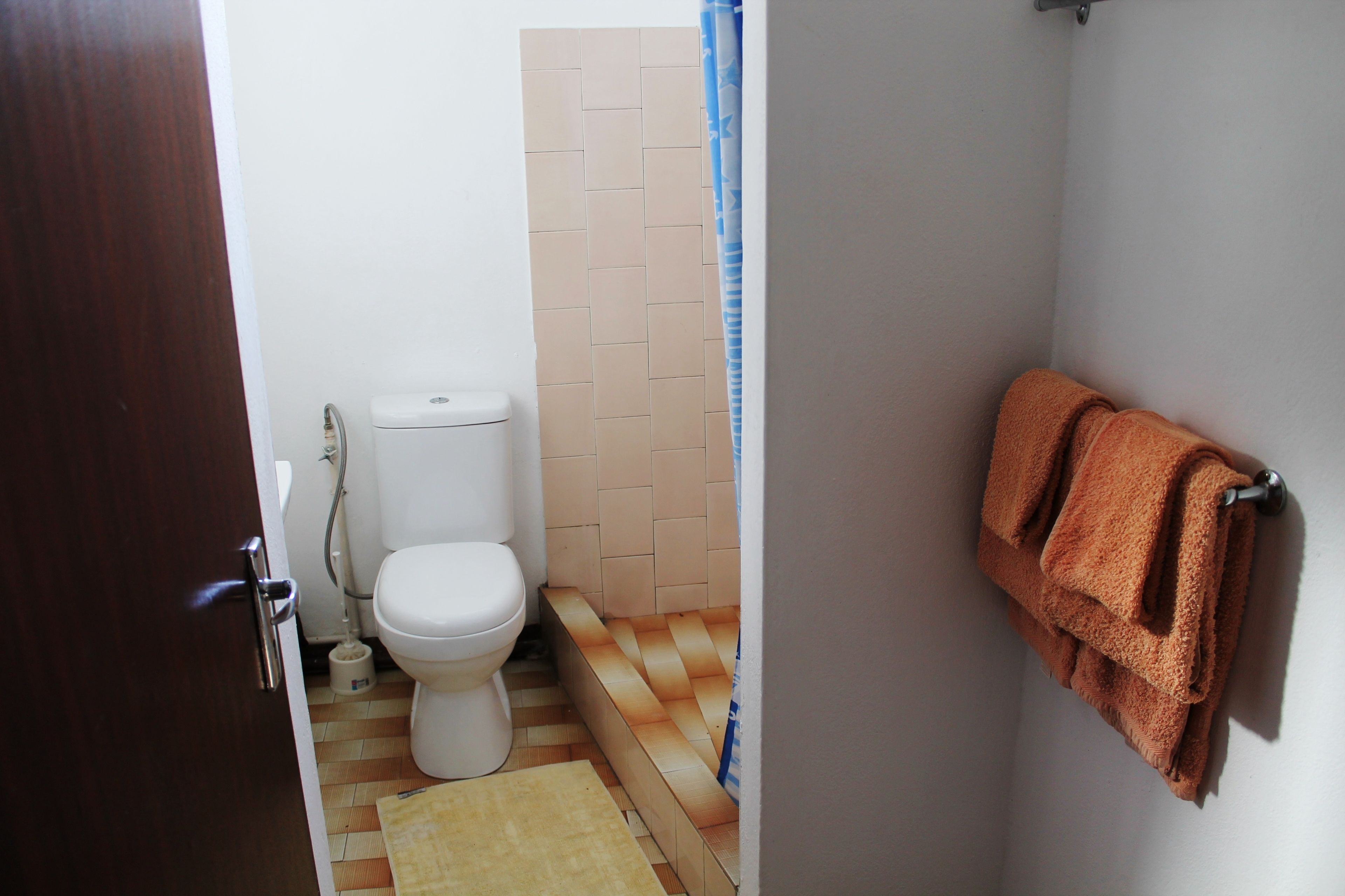 Un baño con inodoro, cortina de ducha y toallero.