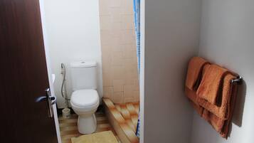 Un baño con inodoro, cortina de ducha y toallero.
