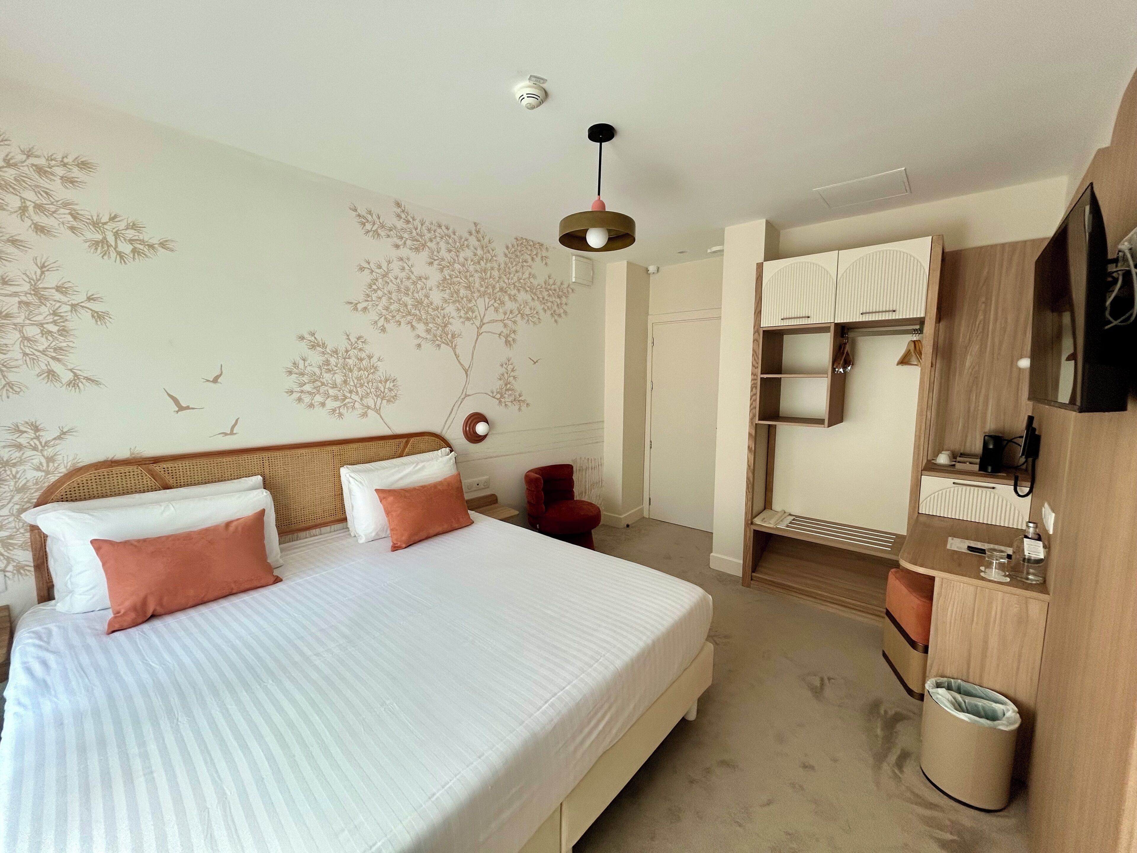 Habitación de hotel con cama, armario, espejo, televisor y luz en el techo.