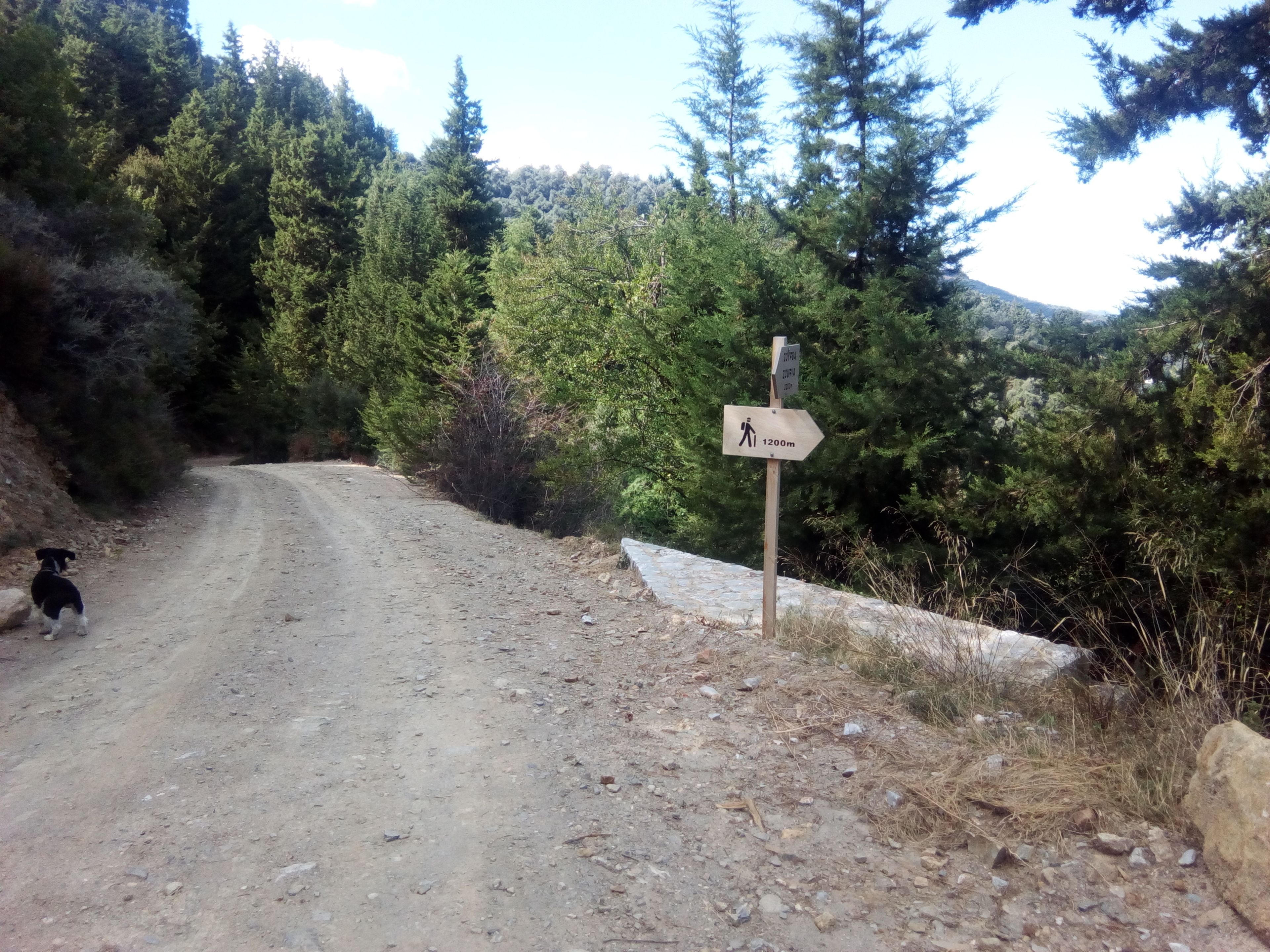 A dirt road with a signpost indicating a 1200m trail.