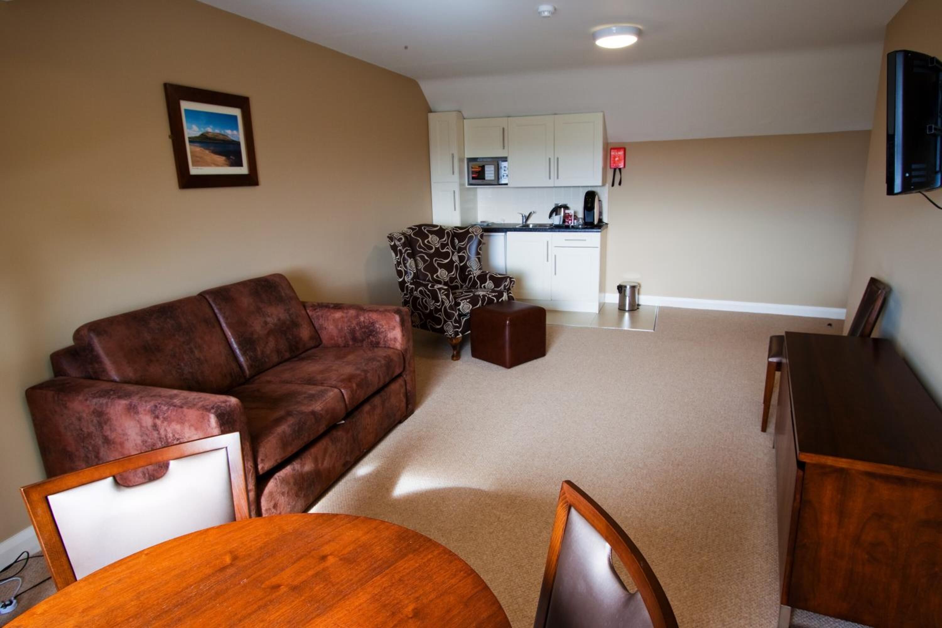 A living room with a brown sofa, a patterned armchair, a dining table with chairs, a kitchen area with white cabinets, and a framed picture on the wall.