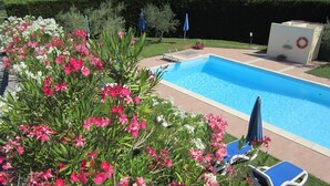 A swimming pool surrounded by lush greenery and flowers. - Masseria Santa Lucia (Agnone)