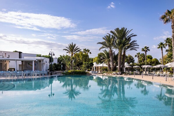 Outdoor pool, pool umbrellas, pool loungers