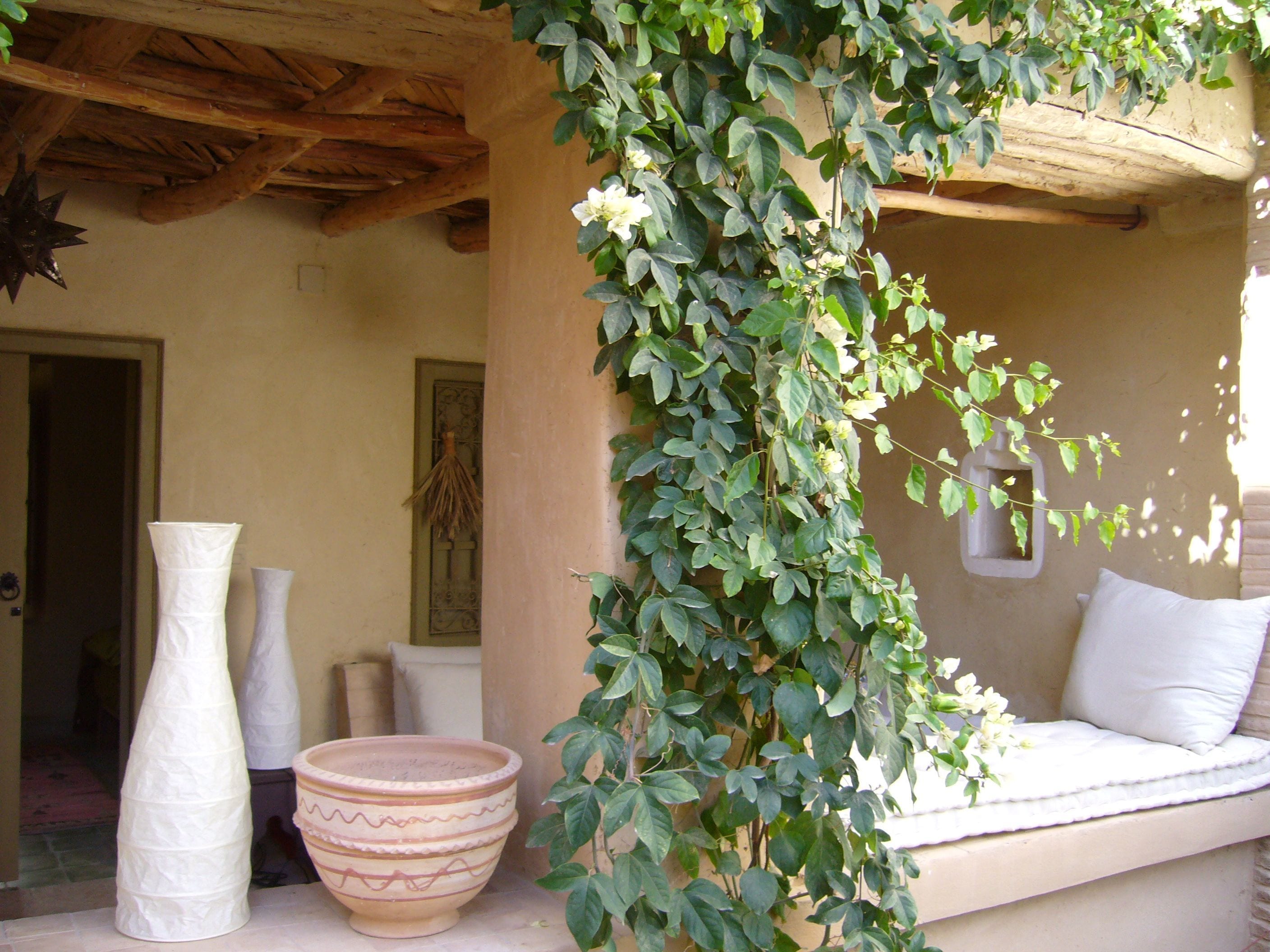 Une pièce avec un plafond en bois, un banc blanc rembourré, un grand pot en terre cuite et un élément décoratif fixé au mur.