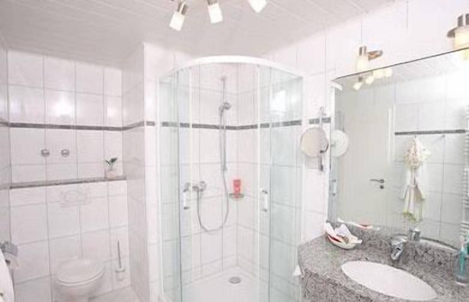 Un bagno moderno con cabina doccia in vetro, un WC bianco e un lavabo in marmo con specchio.