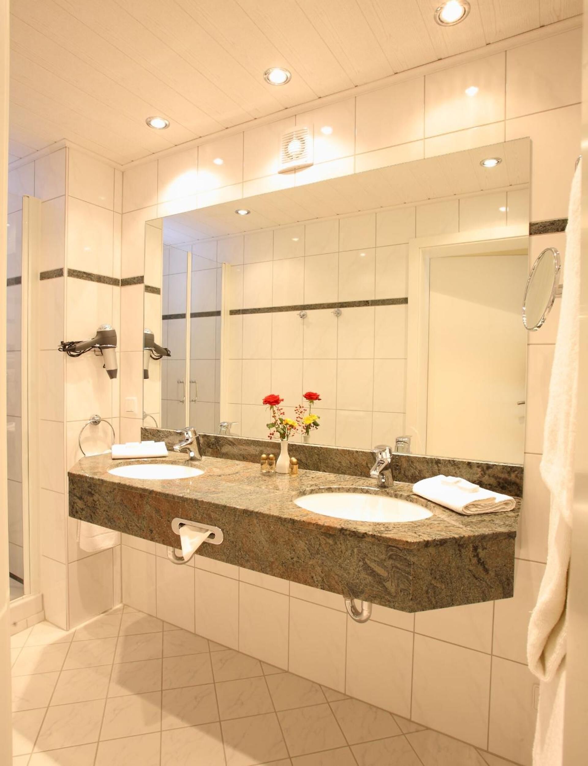 free toiletries, hair dryer, towels