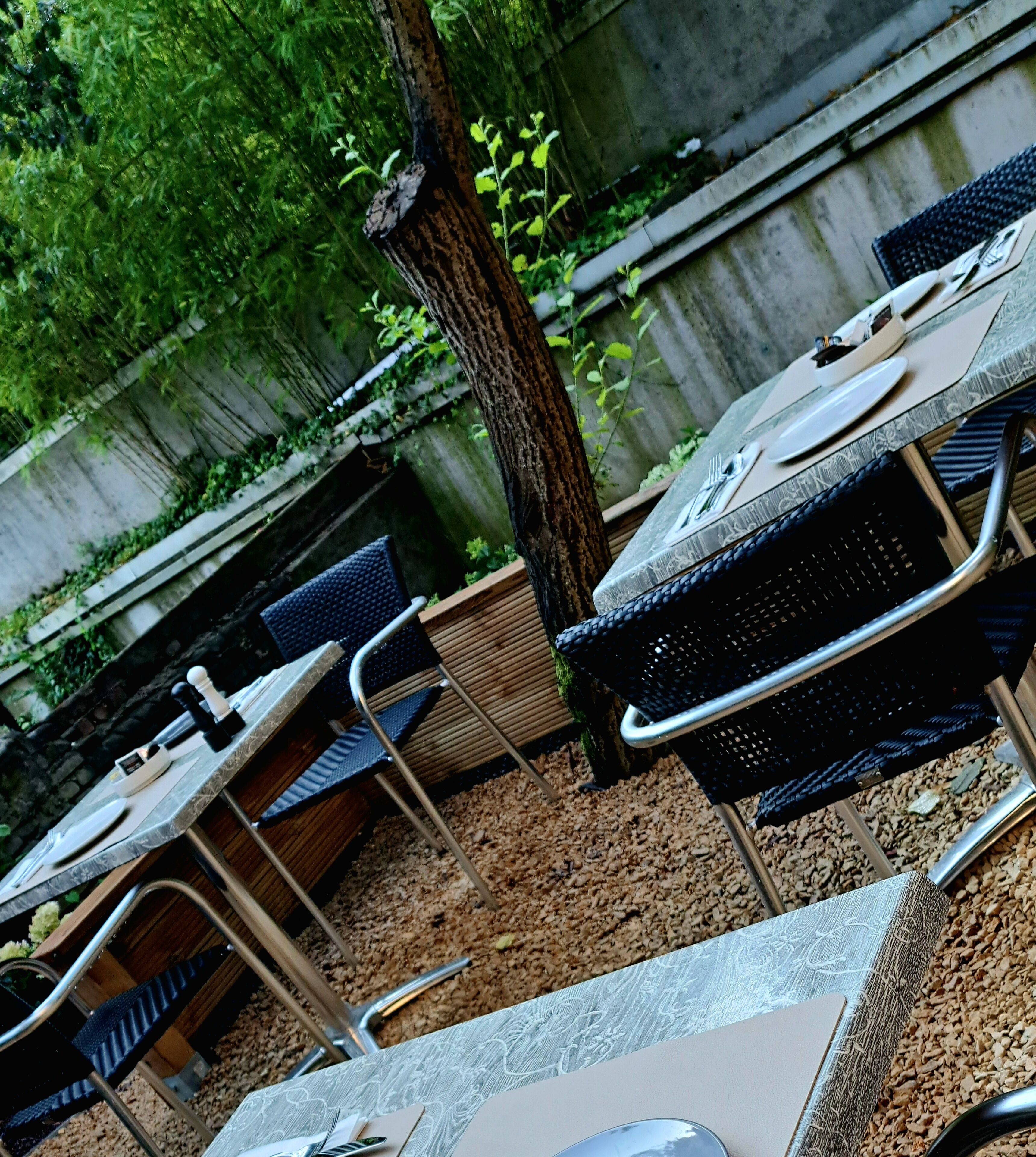 An outdoor seating area with tables and chairs, surrounded by a wooden fence and greenery.