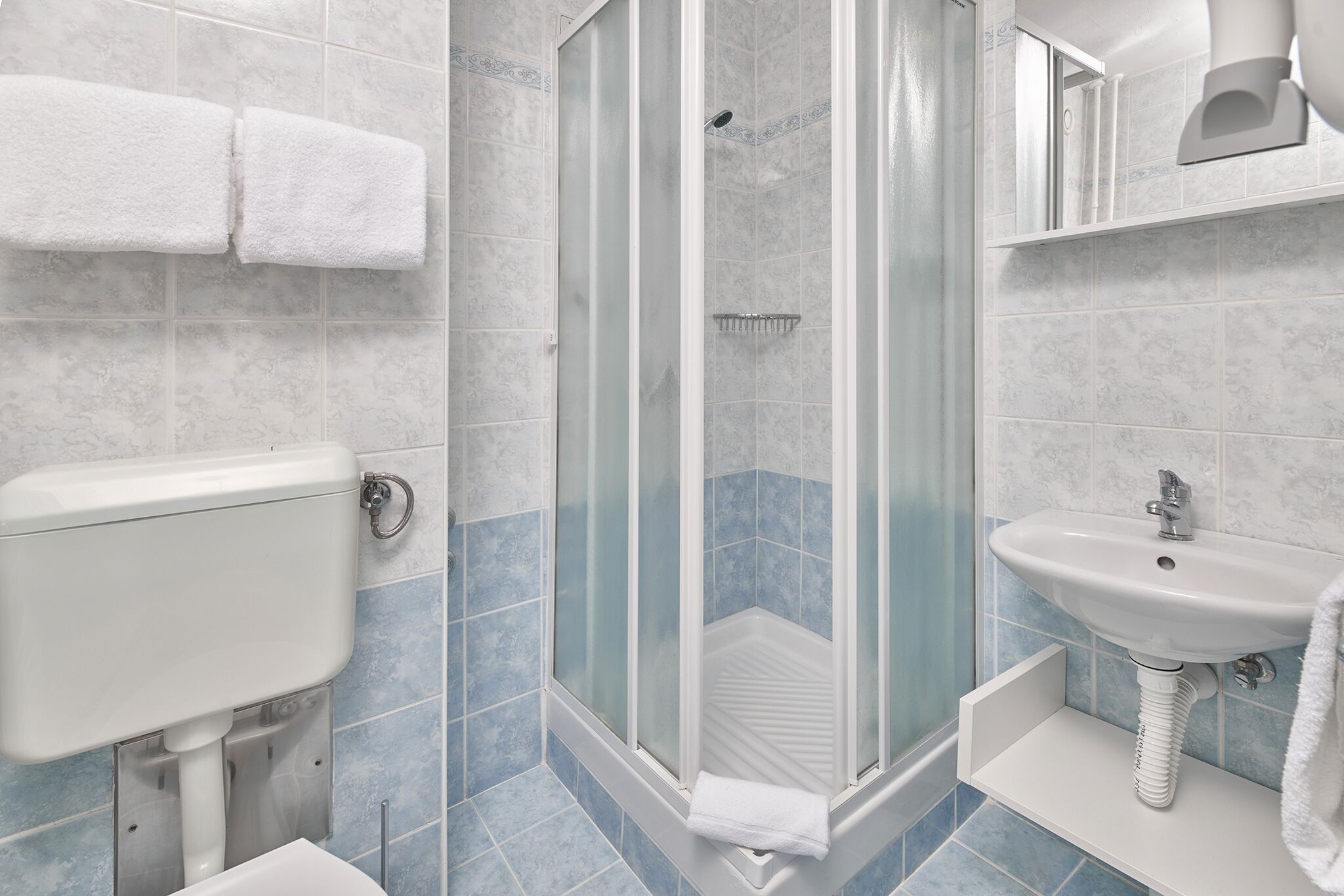 A bathroom with a toilet, a shower with a glass door, and a sink with a mirror above it.