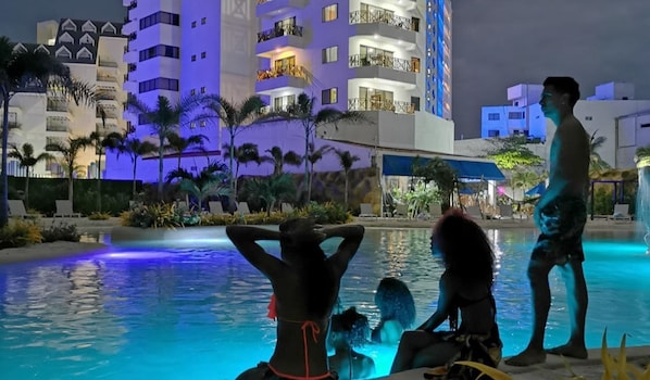 Outdoor pool, pool umbrellas, pool loungers