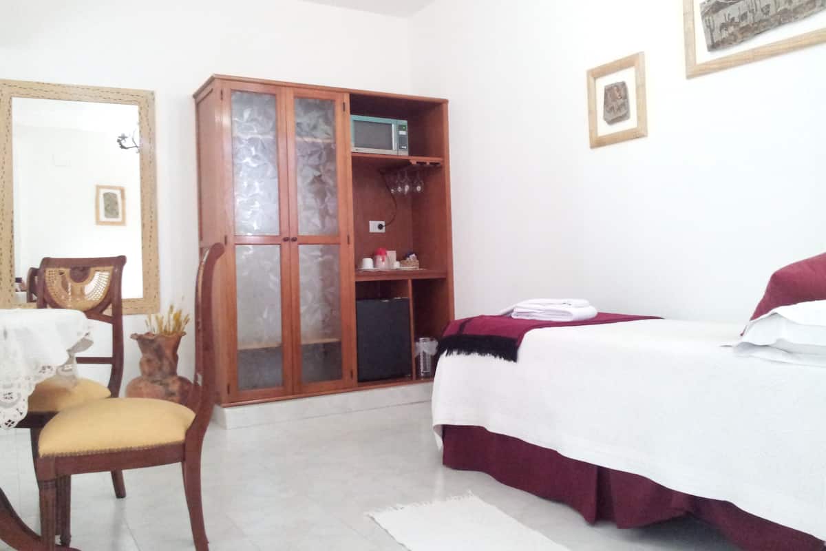 A bedroom with a bed, a wooden wardrobe, a chair, a table, and a mirror.