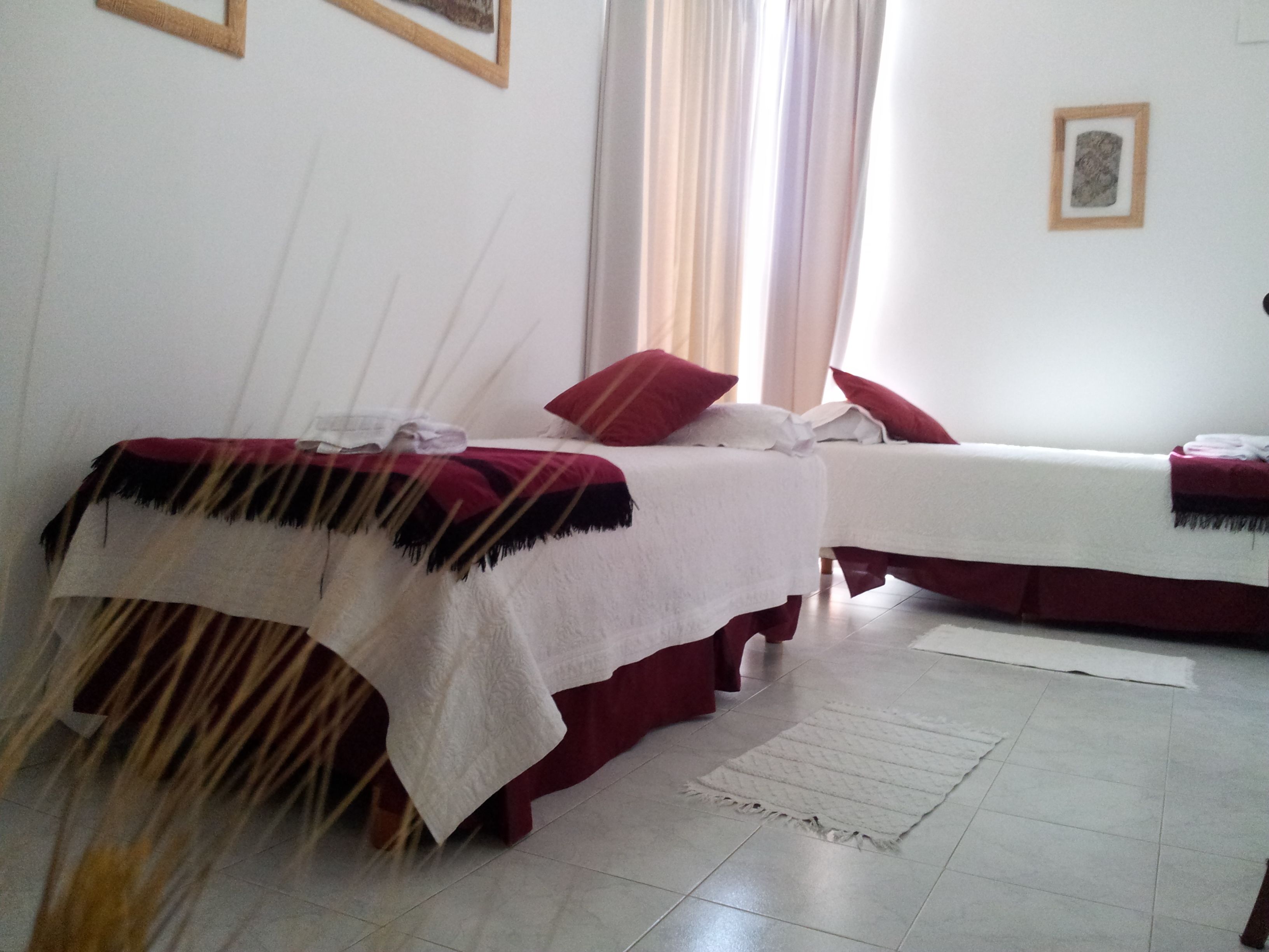 A room with two beds, each with a red and white bedspread, and a small rug on the floor.