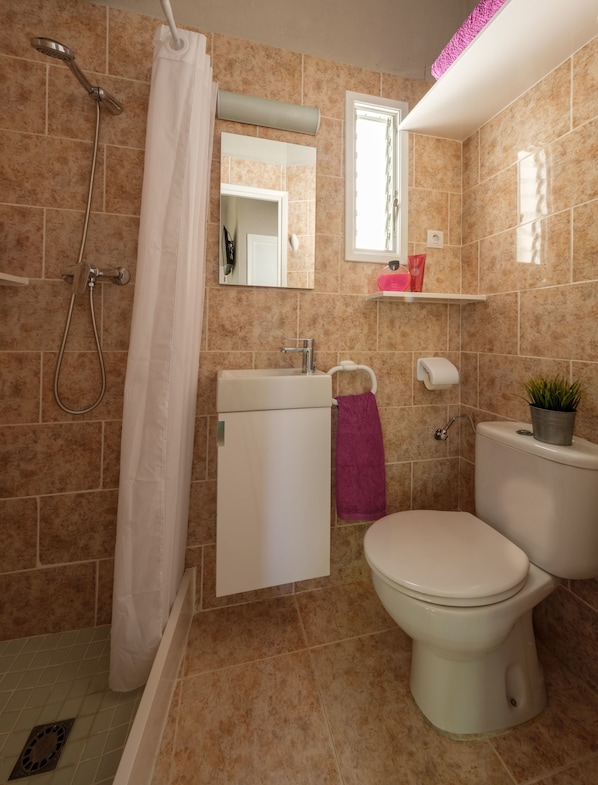 Une salle de bain équipée d’une douche, de toilettes, d’un lavabo et d’un miroir.