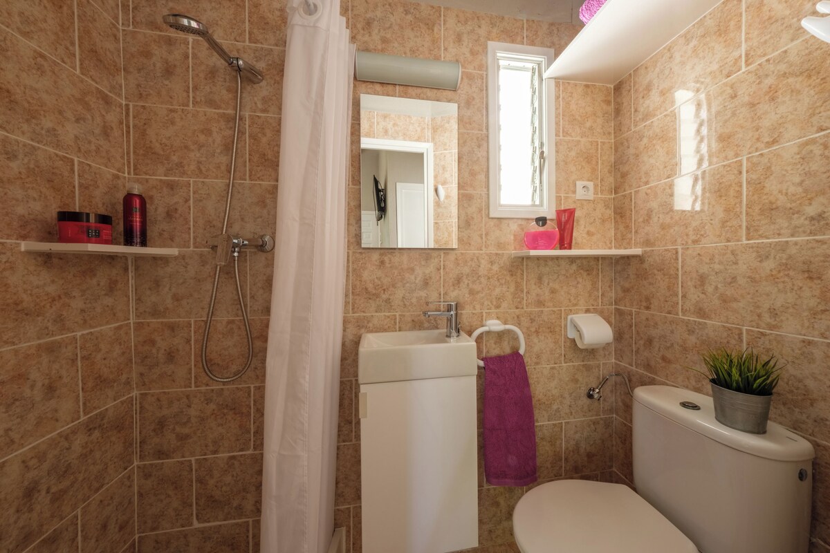A bathroom with a shower, toilet, sink, and a mirror.
