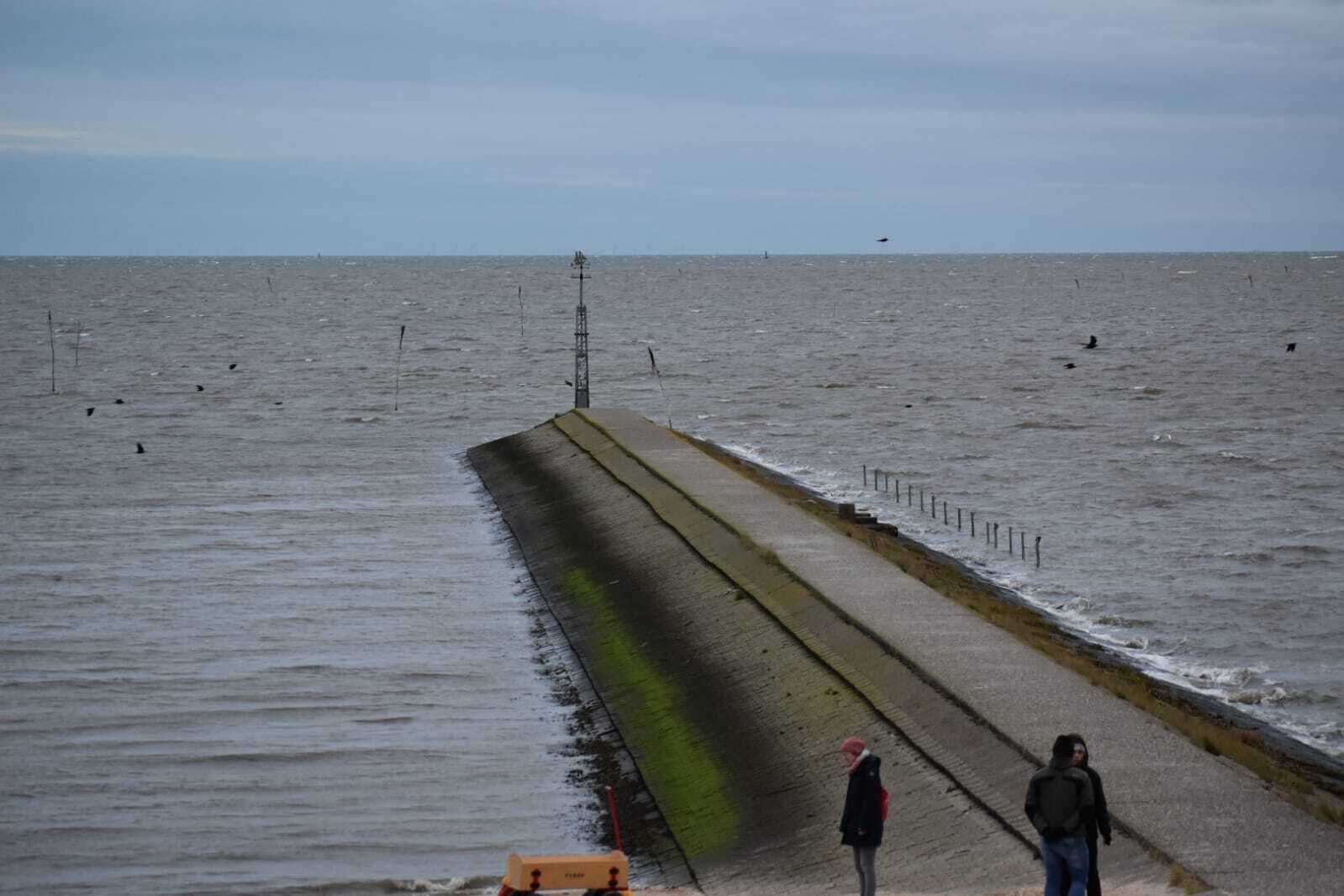 Un muro de hormigón con una estructura metálica al final, frente a un mar agitado con aves volando.